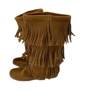 Minnetonka Side 7 Women Pull On Suede 3-Layer Fringe Moccasin Boots